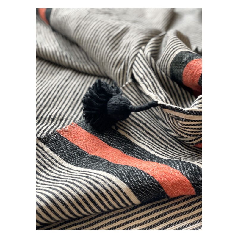 CORAL BLANKET STRIPED POMPOM COTTON 300 - BED COVERS CORAL BLANKET STRIPED POMPOM COTTON 300 - BED COVERS